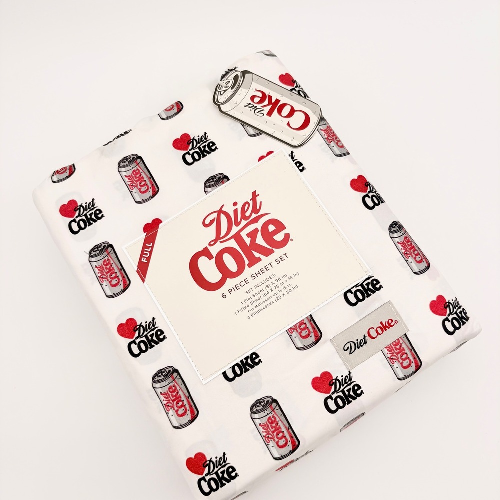 Diet Coke Full Sheet Set 6 Piece Bedding Cans Hearts Graphic